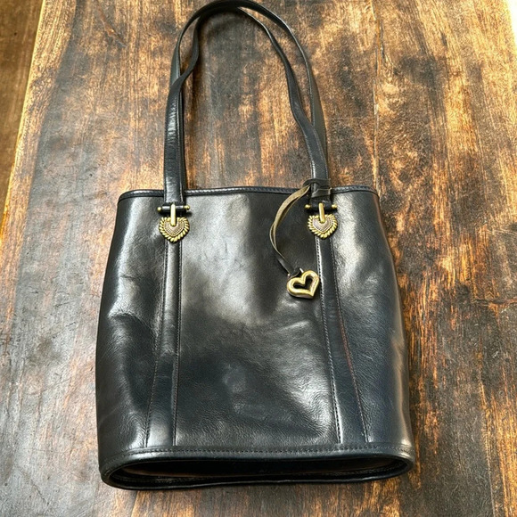 Brighton vtg navy blue leather with gold hardware large bucket back - Picture 3 of 15